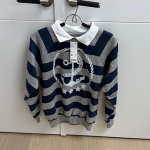 Urban Outfitters Navy and Gray Striped Top with White Collar